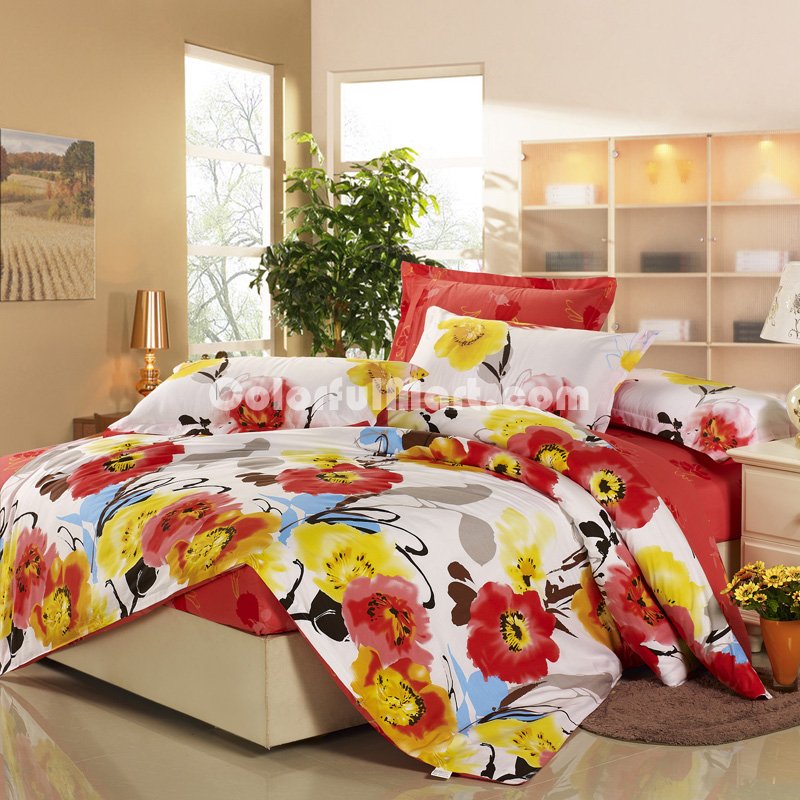 Bright And Colorful Flowers Orange 100% Cotton 4 Pieces Bedding Set Duvet Cover Pillow Shams Fitted Sheet - Click Image to Close