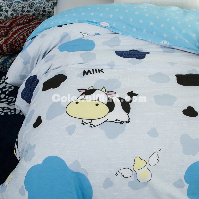 Mr Milk Cow Blue 100% Cotton 4 Pieces Bedding Set Duvet Cover Pillowcases Fitted Sheet - Click Image to Close