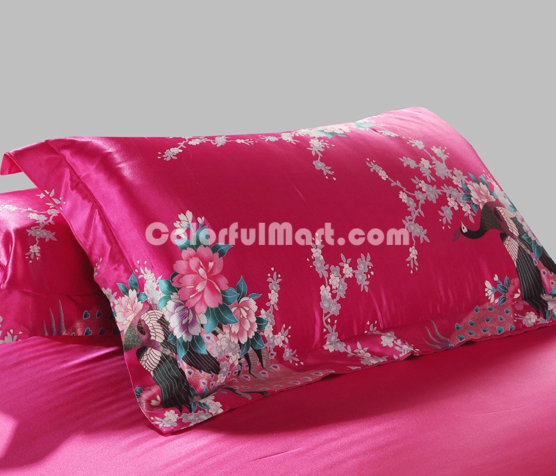 The Peacock In The Flowers Rose Silk Duvet Cover Set Silk Bedding - Click Image to Close