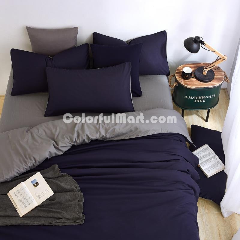 Grey Navy Blue Bedding Set Duvet Cover Pillow Sham Flat Sheet Teen Kids Boys Girls Bedding - Click Image to Close
