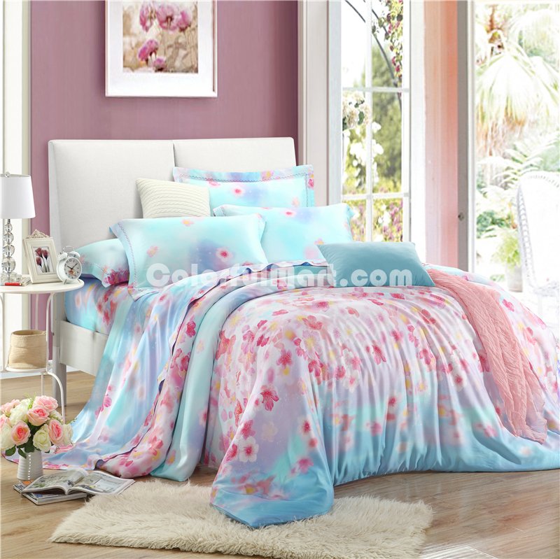 Listen To Flower Blue Bedding Set Girls Bedding Floral Bedding Duvet Cover Pillow Sham Flat Sheet Gift Idea - Click Image to Close