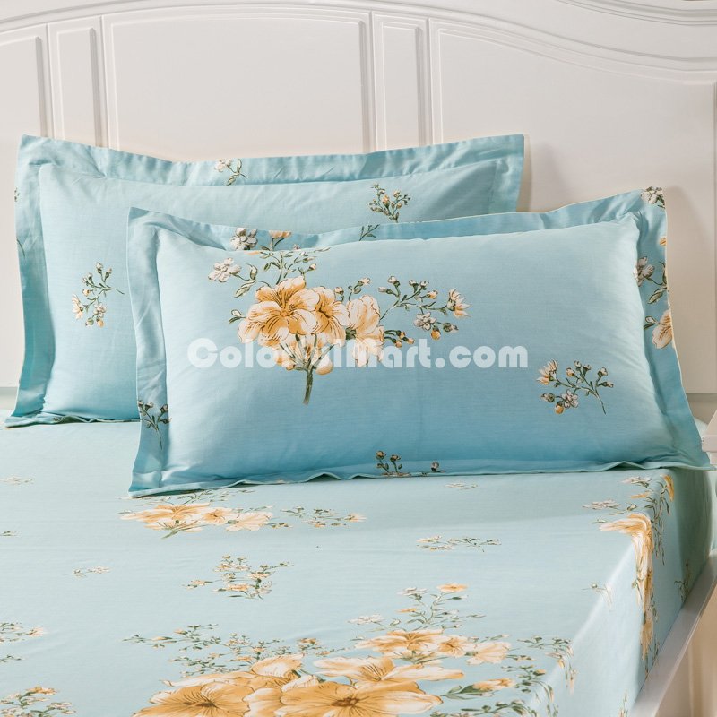 Girls Like Flowers Blue 100% Cotton 4 Pieces Bedding Set Duvet Cover Pillow Shams Fitted Sheet - Click Image to Close