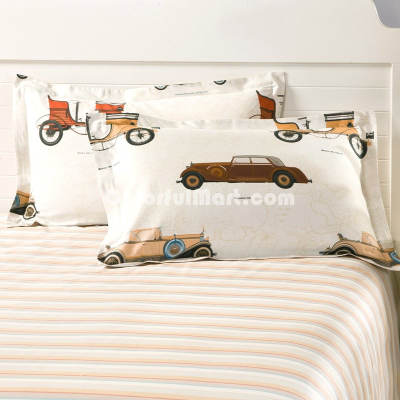 Classic Cars Beige 100% Cotton Luxury Bedding Set Kids Bedding Duvet Cover Pillowcases Fitted Sheet - Click Image to Close