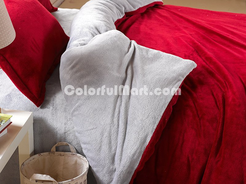 Wine Red And Silver Gray Coral Fleece Bedding Teen Bedding - Click Image to Close
