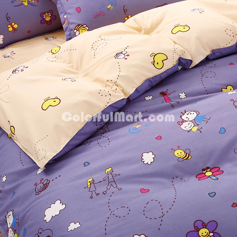 Honey Bee Purple Bedding Set Duvet Cover Pillow Sham Flat Sheet Teen Kids Boys Girls Bedding - Click Image to Close