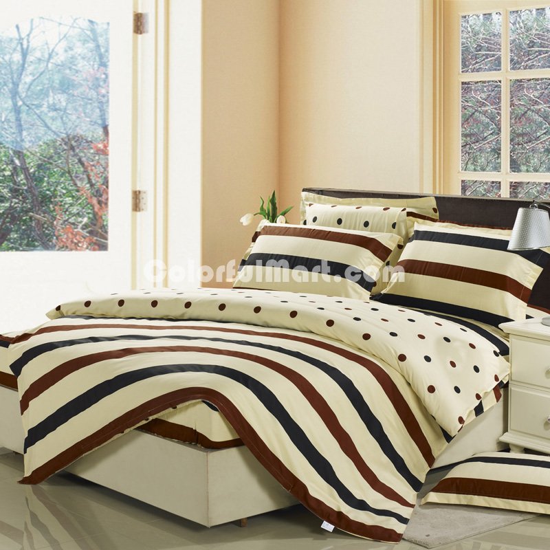 Stripes And Polka Dots Beige 100% Cotton 4 Pieces Bedding Set Duvet Cover Pillow Shams Fitted Sheet - Click Image to Close