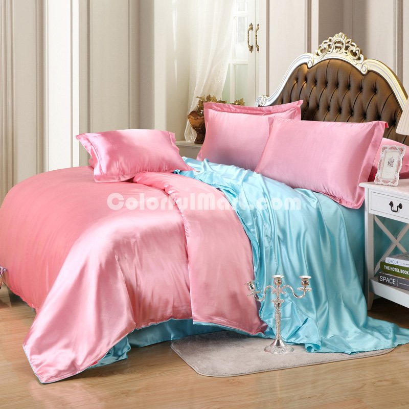 Light Ruby And Water Blue Silk Bedding Set Duvet Cover Silk Pillowcase Silk Sheet Luxury Bedding - Click Image to Close