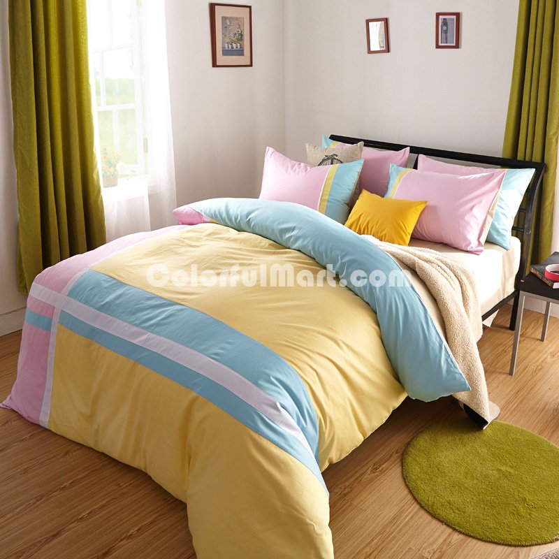 Attractive Yellow 100% Cotton Luxury Bedding Set Stripes Plaids Bedding Duvet Cover Pillowcases Fitted Sheet - Click Image to Close