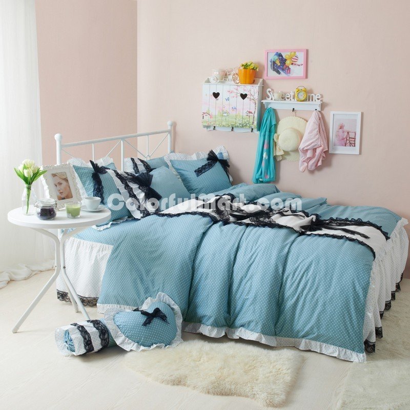 Black Temptation Polka Dots Blue Princess Bedding Girls Bedding Duvet Cover Set - Click Image to Close