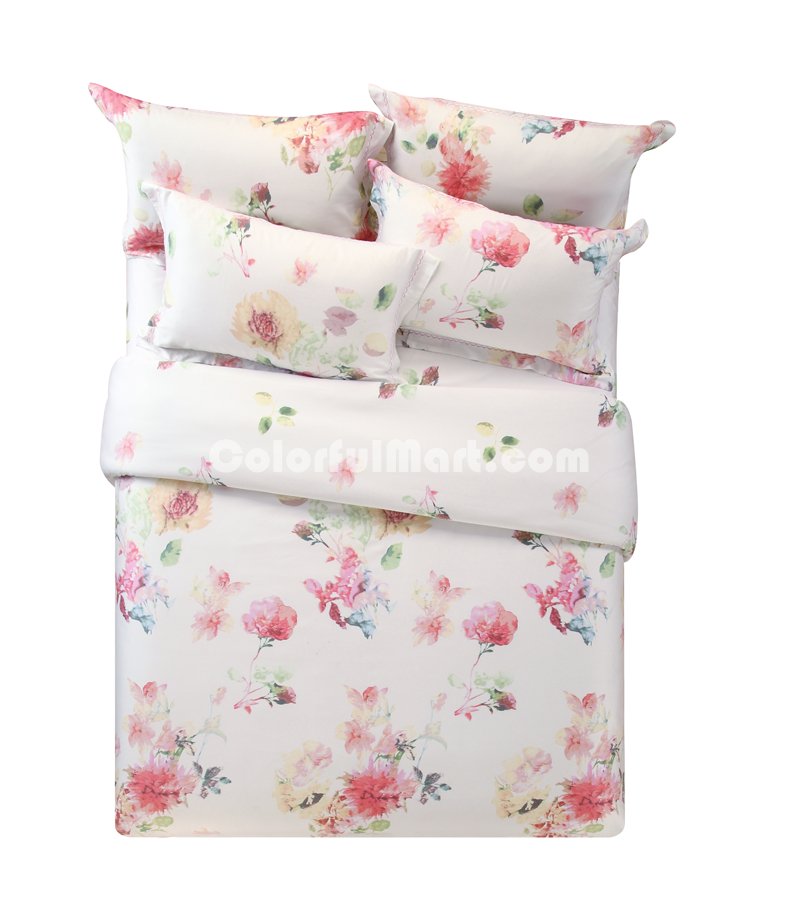 Caroline White Bedding Set Girls Bedding Floral Bedding Duvet Cover Pillow Sham Flat Sheet Gift Idea - Click Image to Close
