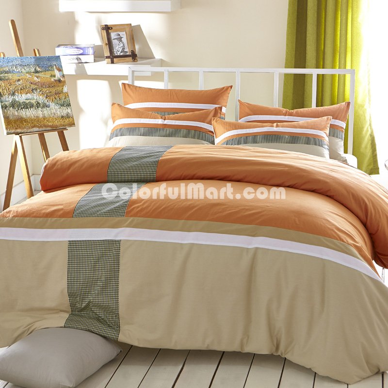 Autumn Orange 100% Cotton Luxury Bedding Set Stripes Plaids Bedding Duvet Cover Pillowcases Fitted Sheet - Click Image to Close