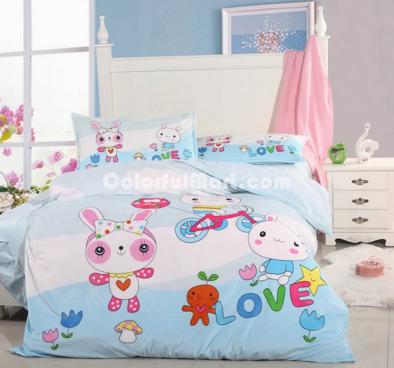 White Cloud Rabbits Blue Discount Kids Bedding Sets - Click Image to Close