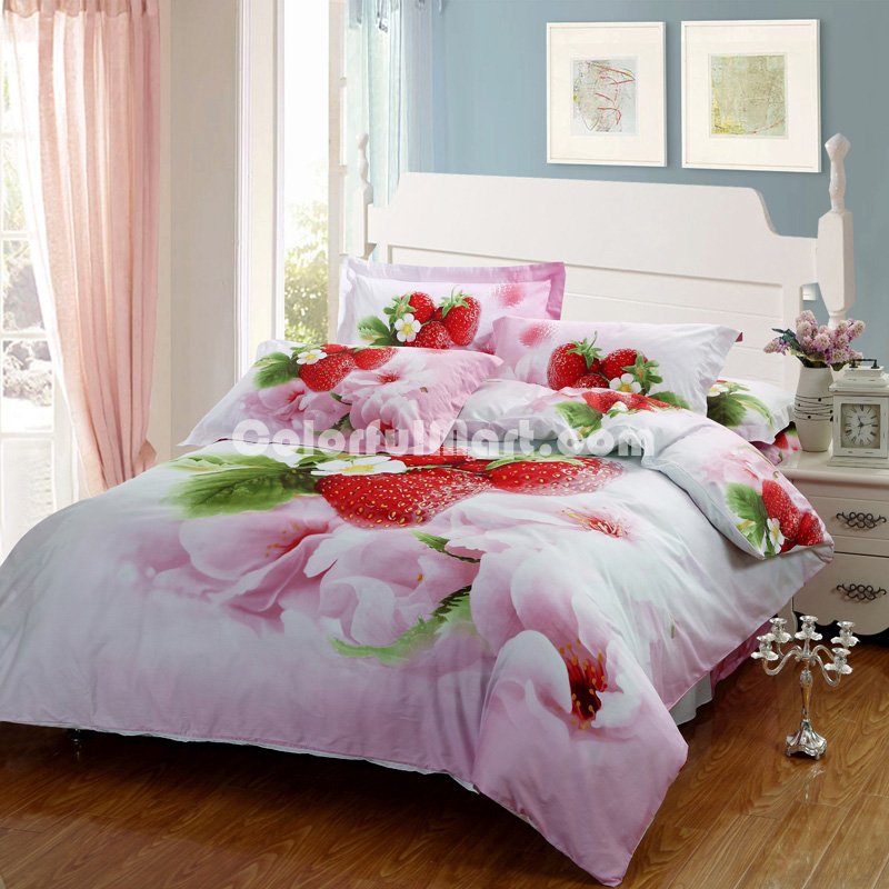 Strawberries Pink Bedding Sets Duvet Cover Sets Teen Bedding Dorm Bedding 3D Bedding Floral Bedding Gift Ideas - Click Image to Close