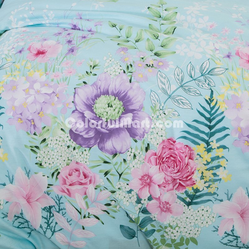 Spring Flowers Blue 100% Cotton 4 Pieces Bedding Set Duvet Cover Pillowcases Fitted Sheet - Click Image to Close
