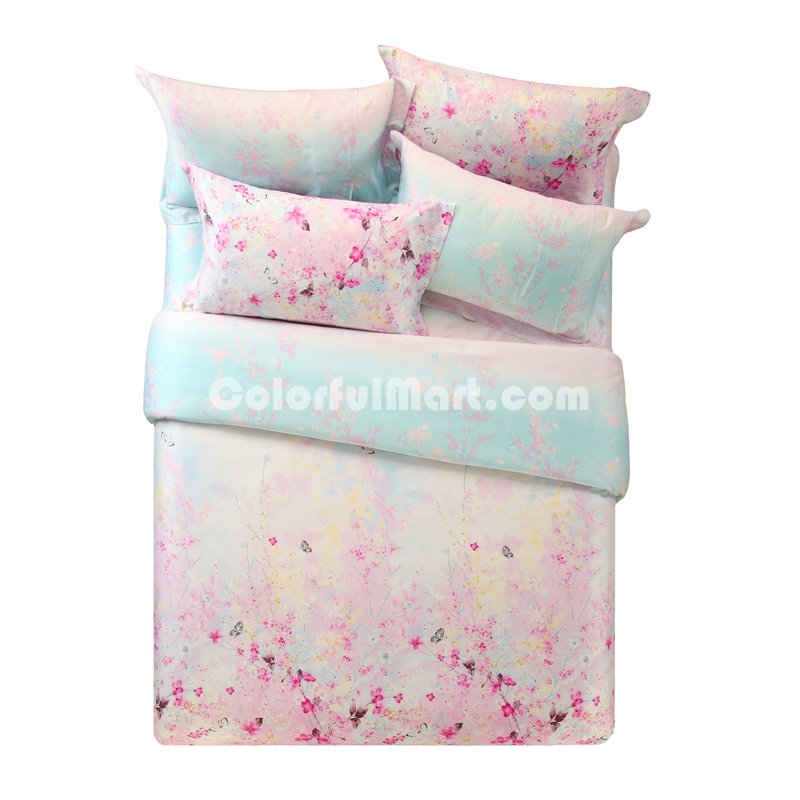 Peach Blossom Pink Bedding Set Girls Bedding Floral Bedding Duvet Cover Pillow Sham Flat Sheet Gift Idea - Click Image to Close