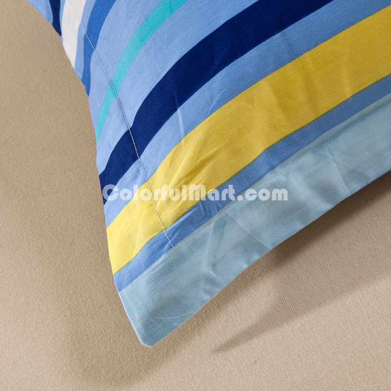 Colorful Stripes Blue 100% Cotton 4 Pieces Bedding Set Duvet Cover Pillow Shams Fitted Sheet - Click Image to Close