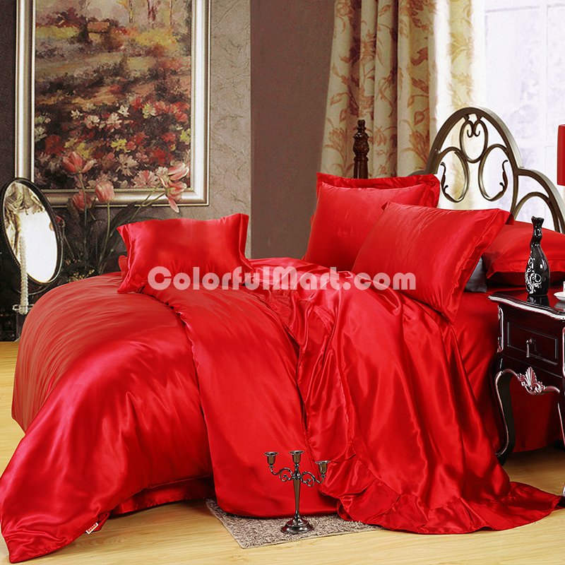 Red Silk Bedding Set Duvet Cover Silk Pillowcase Silk Sheet Luxury Bedding - Click Image to Close