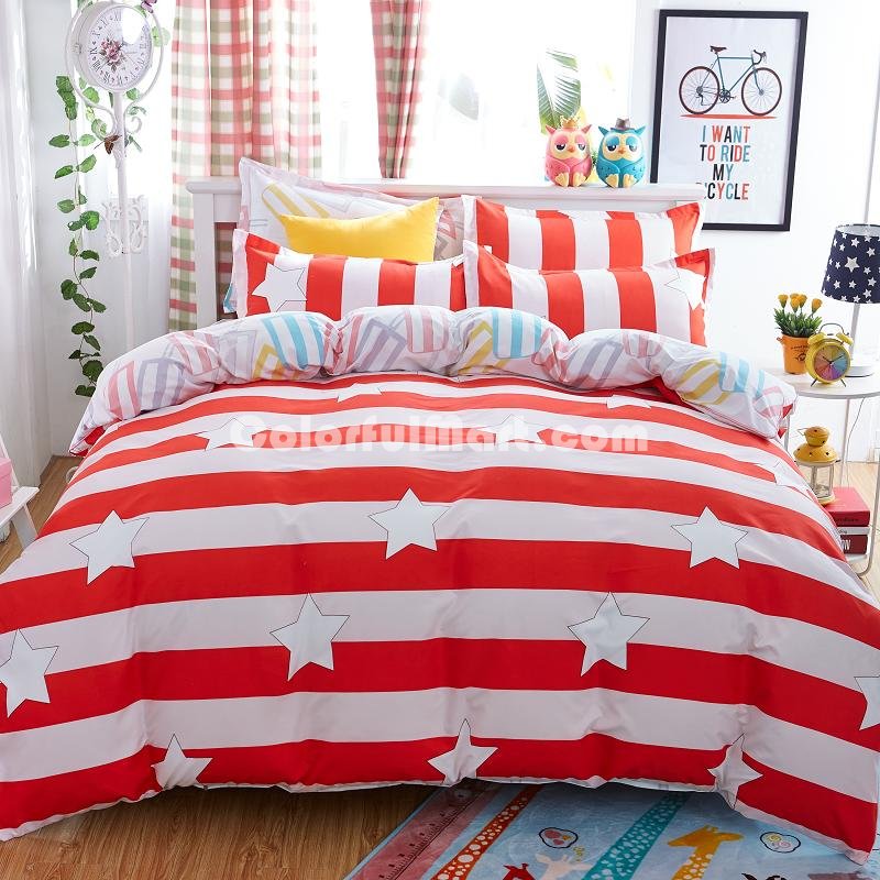 Stripes And Stars Red Bedding Set Duvet Cover Pillow Sham Flat Sheet Teen Kids Boys Girls Bedding - Click Image to Close