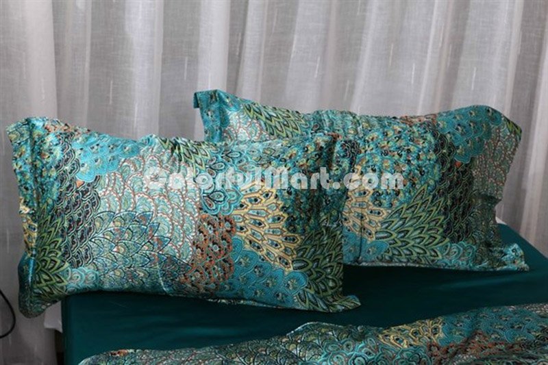 The Poenix Tail Lake Blue Silk Duvet Cover Set Silk Bedding - Click Image to Close