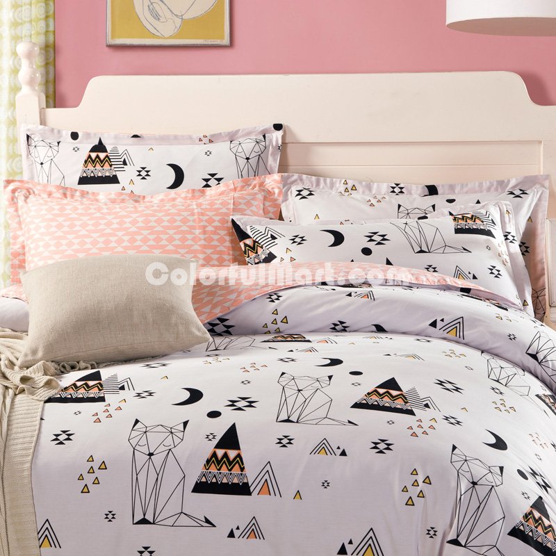 Abstract Cat White 100% Cotton 4 Pieces Bedding Set Duvet Cover Pillow Shams Fitted Sheet - Click Image to Close