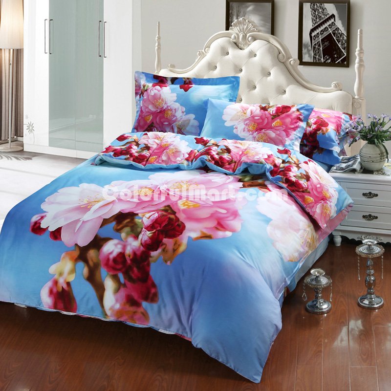 Peach Blossoms Blue Bedding Sets Duvet Cover Sets Teen Bedding Dorm Bedding 3D Bedding Floral Bedding Gift Ideas - Click Image to Close