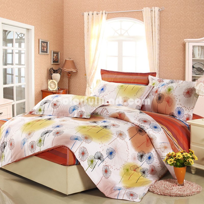 Colorful Dandelions Orange 100% Cotton 4 Pieces Bedding Set Duvet Cover Pillow Shams Fitted Sheet - Click Image to Close