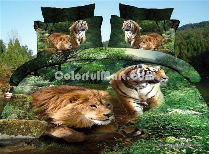 Lion And Tiger Green Bedding Animal Print Bedding 3d Bedding Animal Duvet Cover Set - Click Image to Close