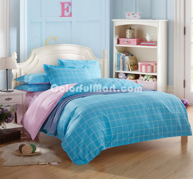 Modern Grids Blue And Pink Teen Bedding Duvet Cover Set - Click Image to Close