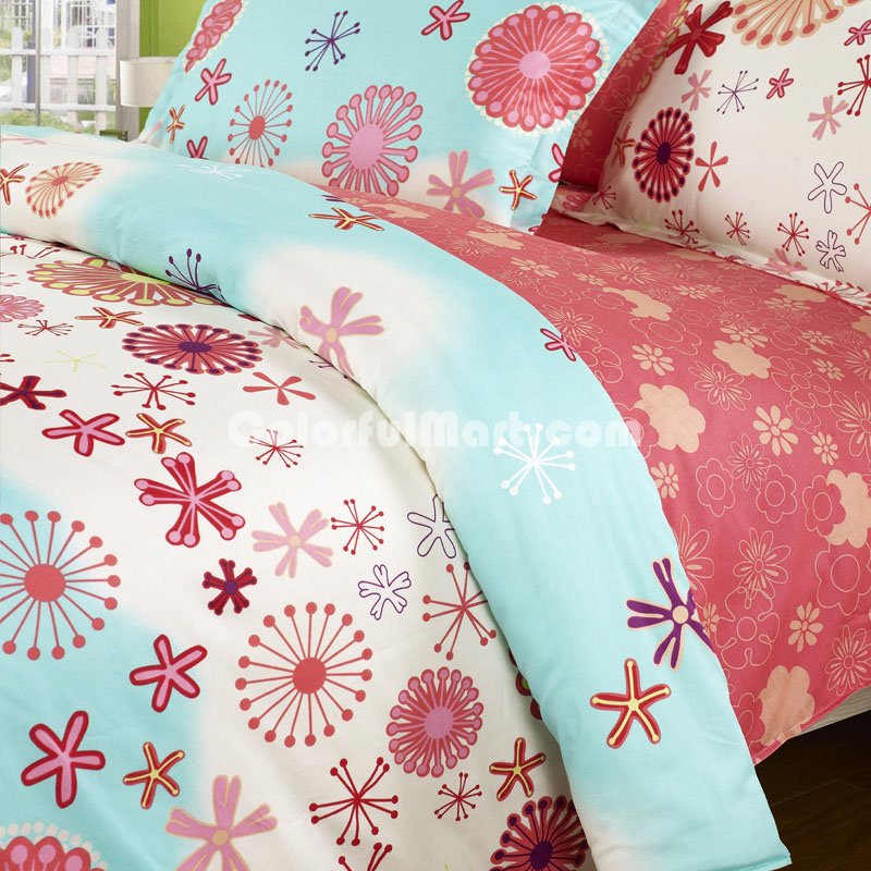 Geometric Flowers Blue 100% Cotton 4 Pieces Bedding Set Duvet Cover Pillow Shams Fitted Sheet - Click Image to Close