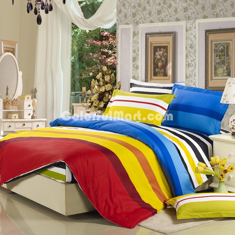 Rainbow Yellow 100% Cotton 4 Pieces Bedding Set Duvet Cover Pillow Shams Fitted Sheet - Click Image to Close