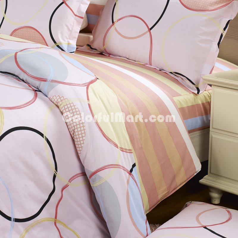 Big Circles Pink 100% Cotton 4 Pieces Bedding Set Duvet Cover Pillow Shams Fitted Sheet - Click Image to Close