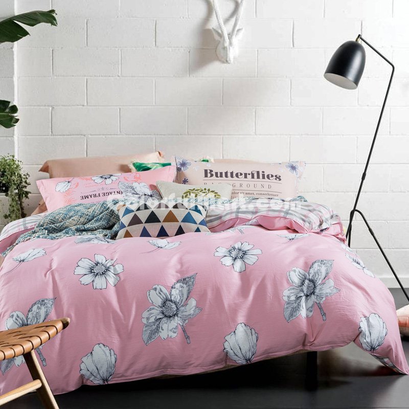 Butterflies Pink 100% Cotton 4 Pieces Bedding Set Duvet Cover Pillow Shams Fitted Sheet - Click Image to Close