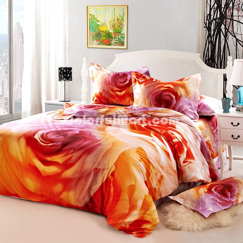 Roses Orange Bedding Sets Duvet Cover Sets Teen Bedding Dorm Bedding 3D Bedding Floral Bedding Gift Ideas - Click Image to Close