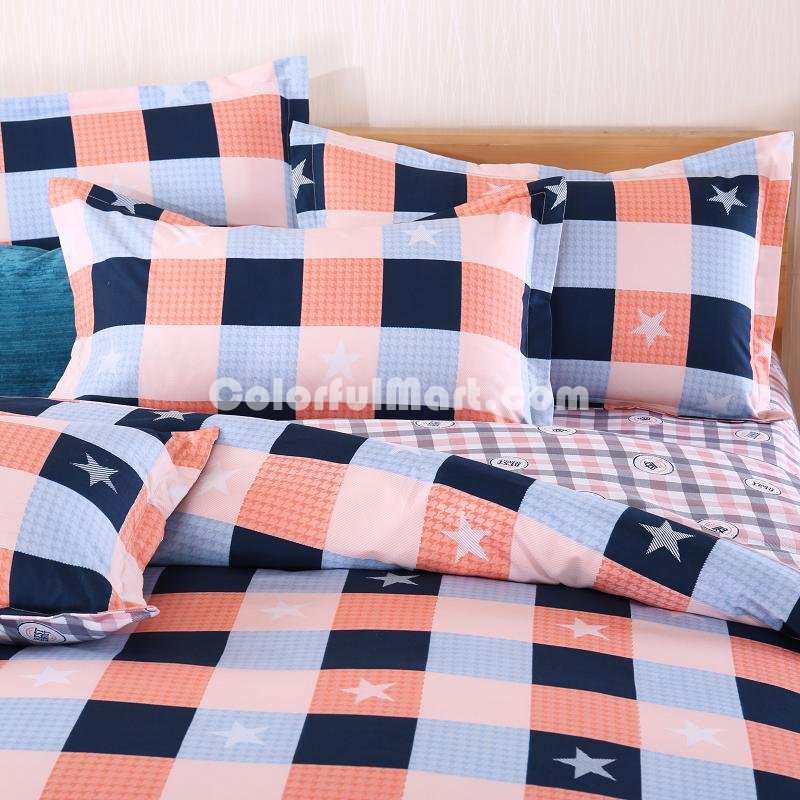 Gingham And Stars Orange Bedding Set Duvet Cover Pillow Sham Flat Sheet Teen Kids Boys Girls Bedding - Click Image to Close