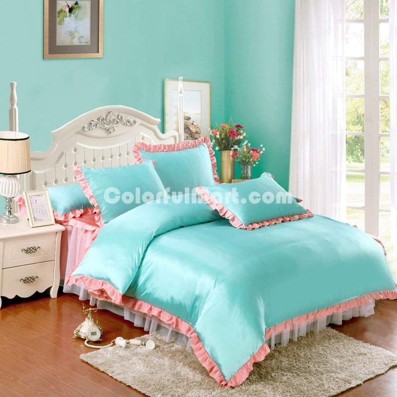 Water Blue And Pink Silk Duvet Cover Set Teen Girl Bedding Princess Bedding Set Silk Bed Sheet Gift Idea - Click Image to Close