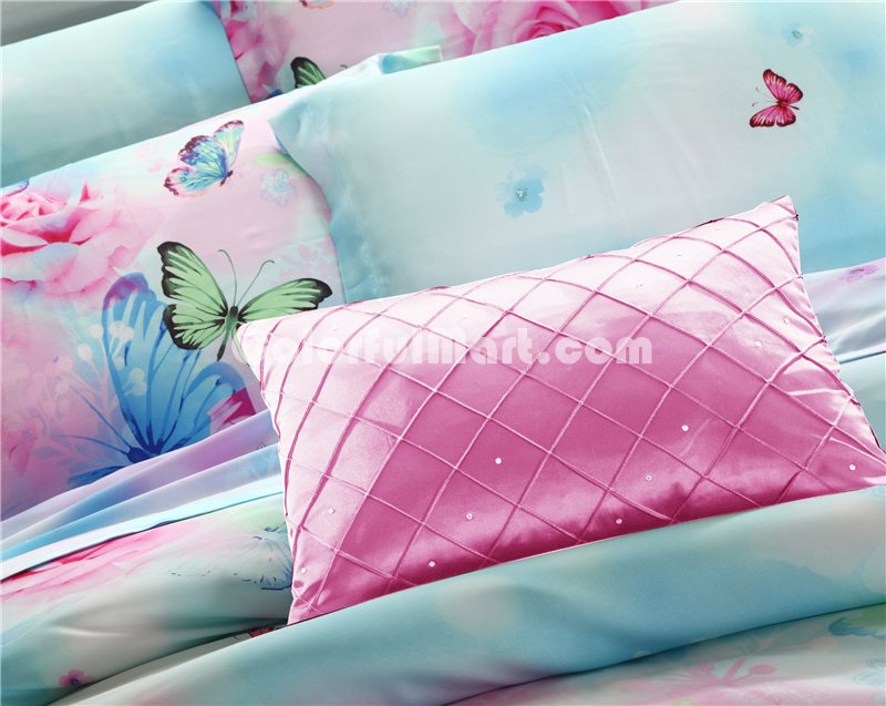 Butterfly Lovers Blue Bedding Set Girls Bedding Floral Bedding Duvet Cover Pillow Sham Flat Sheet Gift Idea - Click Image to Close