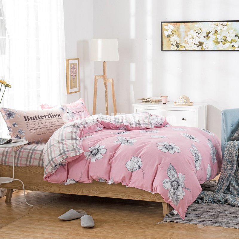 Butterflies Pink 100% Cotton 4 Pieces Bedding Set Duvet Cover Pillow Shams Fitted Sheet - Click Image to Close