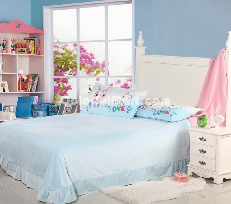 White Cloud Rabbits Blue Discount Kids Bedding Sets - Click Image to Close
