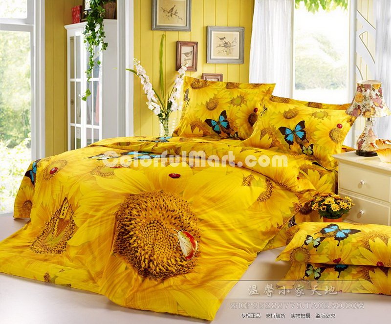 Golden Sunflower Yellow Ladybug Bedding Set - Click Image to Close