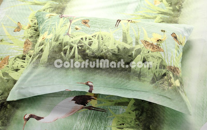 Red Crowned Crane Green Bedding 3D Duvet Cover Set - Click Image to Close