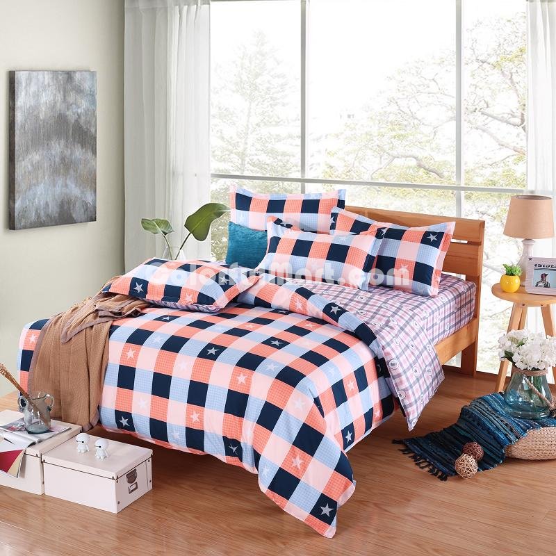 Gingham And Stars Orange Bedding Set Duvet Cover Pillow Sham Flat Sheet Teen Kids Boys Girls Bedding - Click Image to Close
