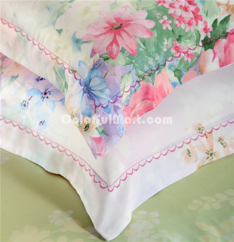 Flower Dream Green Bedding Set Girls Bedding Floral Bedding Duvet Cover Pillow Sham Flat Sheet Gift Idea - Click Image to Close