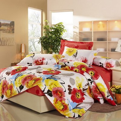 Bright And Colorful Flowers Orange 100% Cotton 4 Pieces Bedding Set Duvet Cover Pillow Shams Fitted Sheet