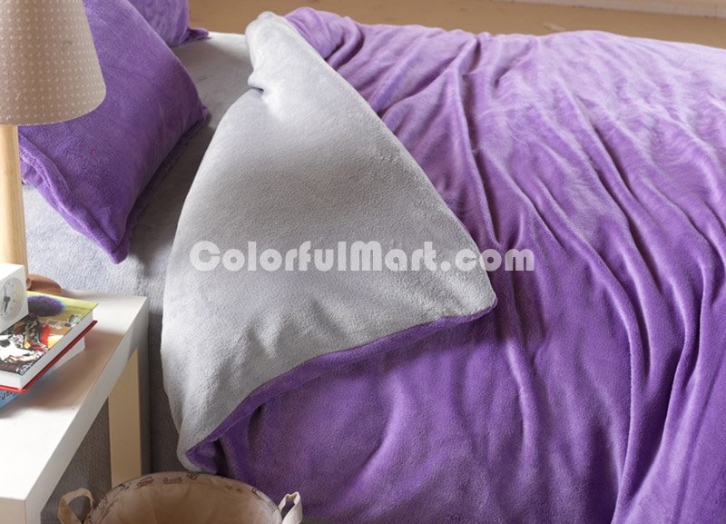 Purple And Silver Gray Coral Fleece Bedding Teen Bedding - Click Image to Close