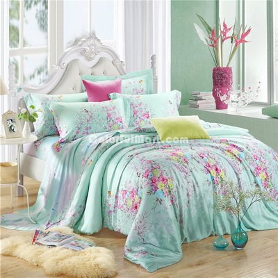 Interesting Flowers Green Bedding Set Girls Bedding Floral Bedding Duvet Cover Pillow Sham Flat Sheet Gift Idea