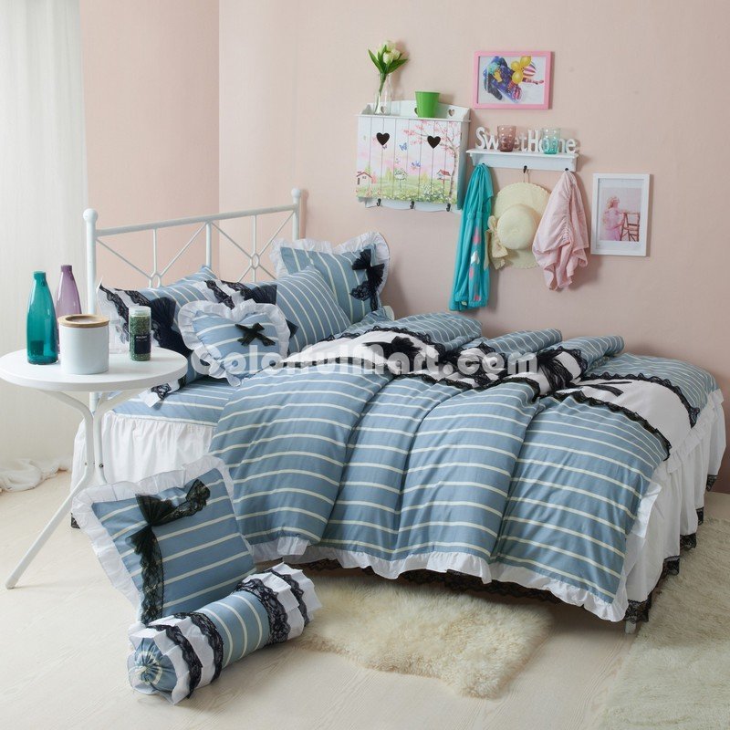 Black Temptation Stripes Blue Princess Bedding Girls Bedding Duvet Cover Set - Click Image to Close