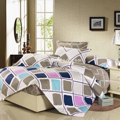 Squares And Rhombuses White 100% Cotton 4 Pieces Bedding Set Duvet Cover Pillow Shams Fitted Sheet