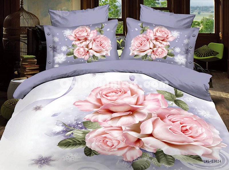 Rose Lilac Bedding 3D Duvet Cover Set - Click Image to Close