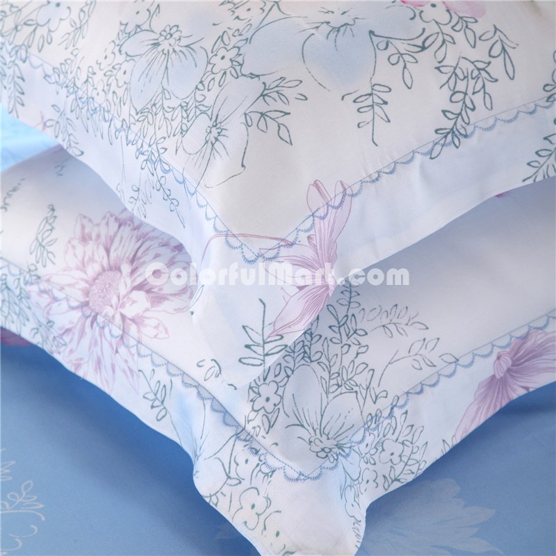 Taste Of Happiness Blue Bedding Set Girls Bedding Floral Bedding Duvet Cover Pillow Sham Flat Sheet Gift Idea - Click Image to Close