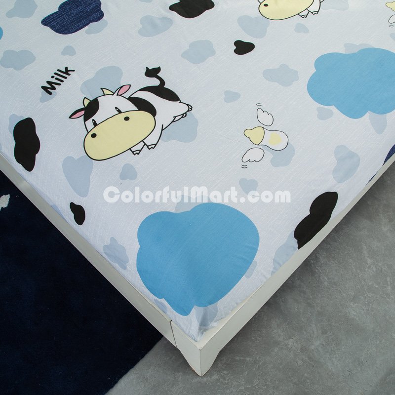 Mr Milk Cow Blue 100% Cotton 4 Pieces Bedding Set Duvet Cover Pillowcases Fitted Sheet - Click Image to Close